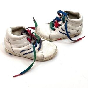 Vintage 90s Jumping Jacks Shoe 6.5 White Leather High Top Rainbow Streetwear